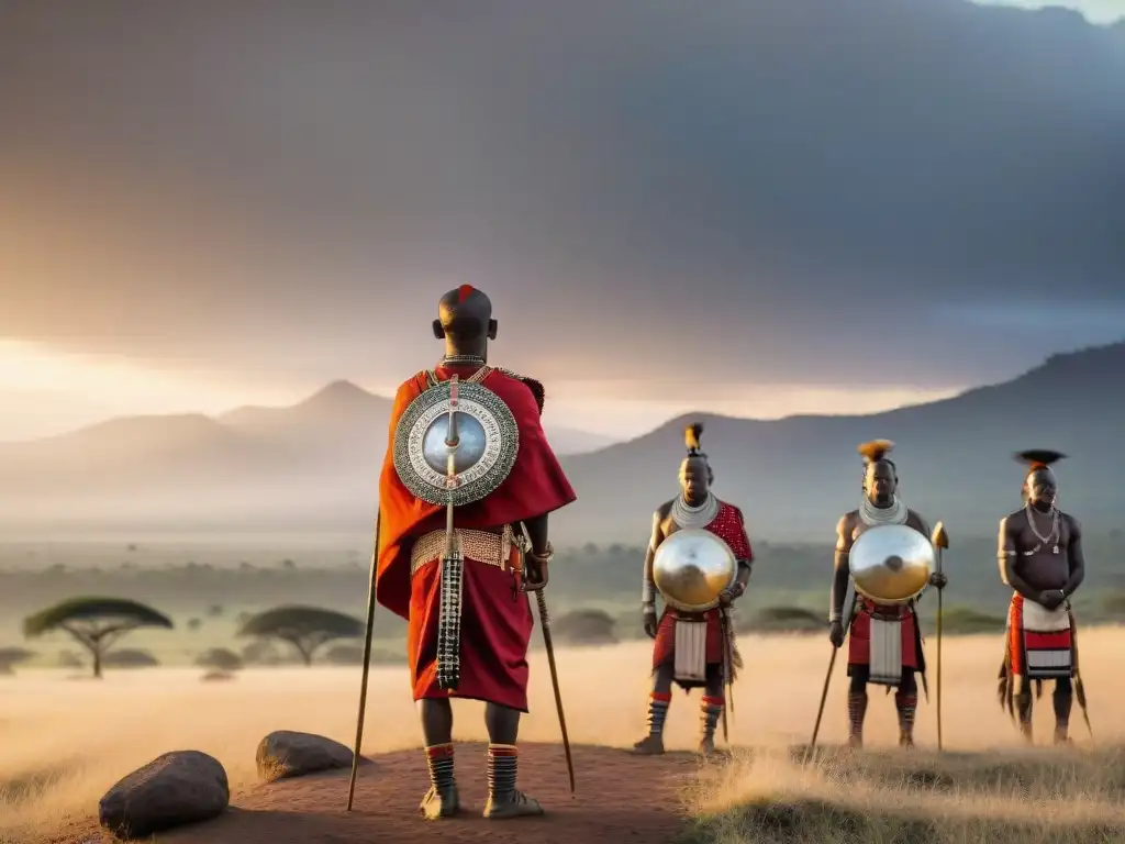 Grupo de guerreros Masai en tradicional ceremonia de iniciación al amanecer en la sabana africana