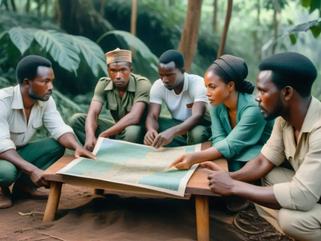 Grupo de guerrilleros mozambiqueños planificando estrategias en la selva contra la opresión colonial