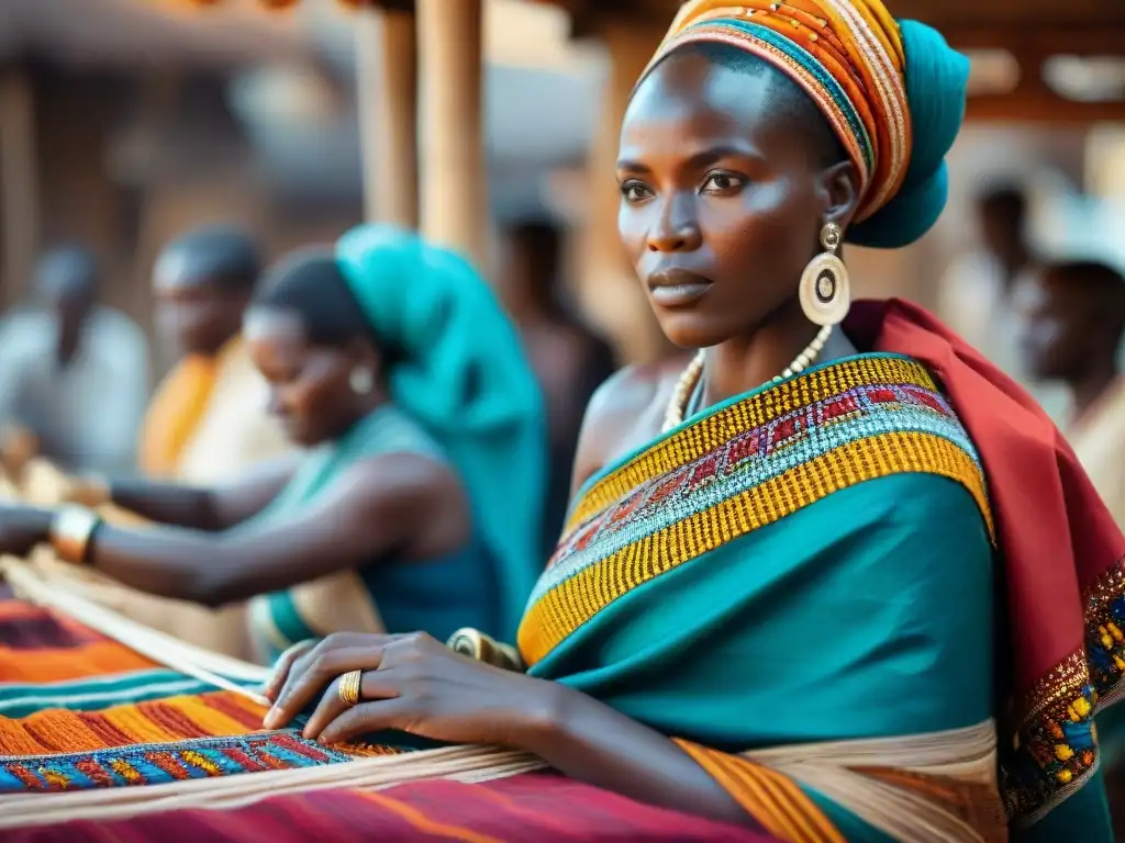 Un grupo de hábiles artesanos africanos elaborando textiles vibrantes e intrincados, resaltando la identidad cultural