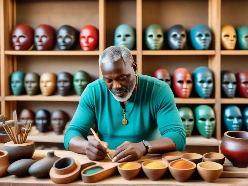 Un grupo de hábiles artesanos africanos crean máscaras de madera en un taller rústico, rodeados de herramientas y pigmentos vibrantes