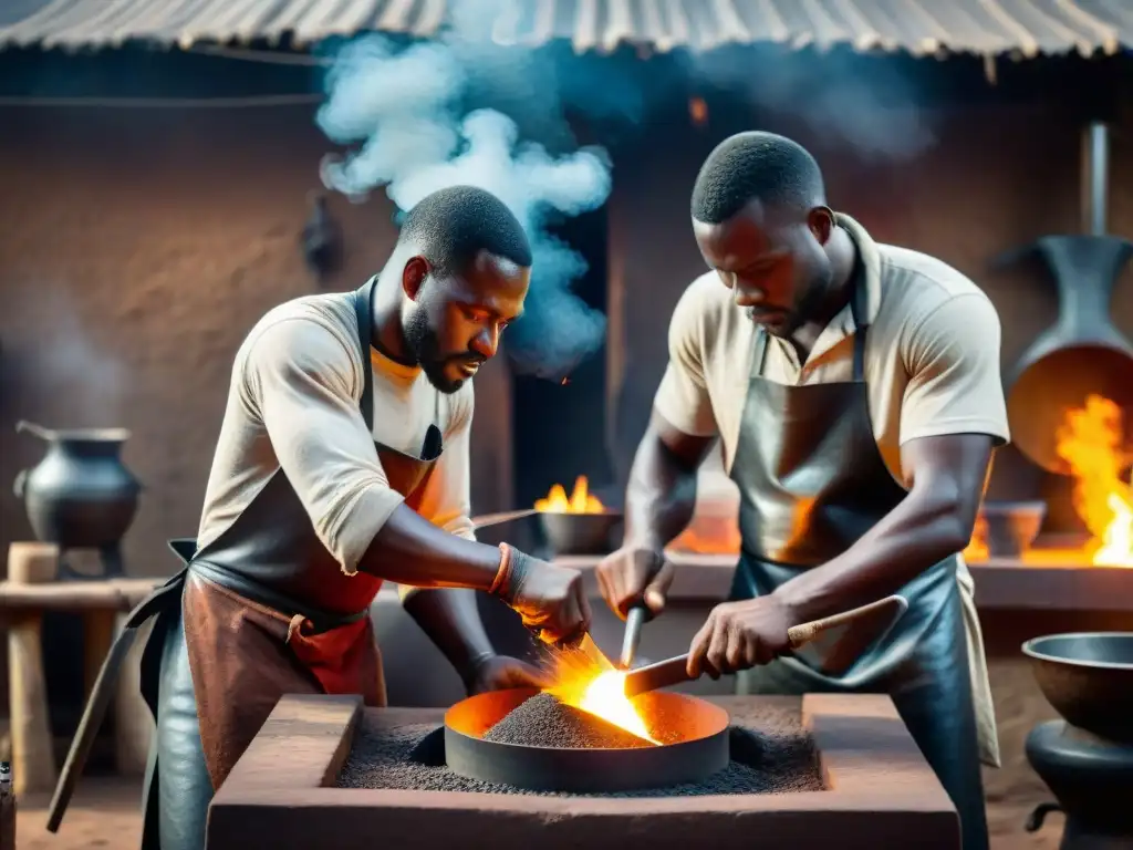 Un grupo de hábiles herreros africanos trabajando juntos en una forja tradicional, creando herramientas africanas