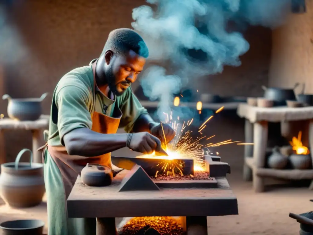 Un grupo de hábiles herreros en el Sahel, creando piezas metálicas con chispas volando, destacando la artesanía Sahel técnicas materiales únicos