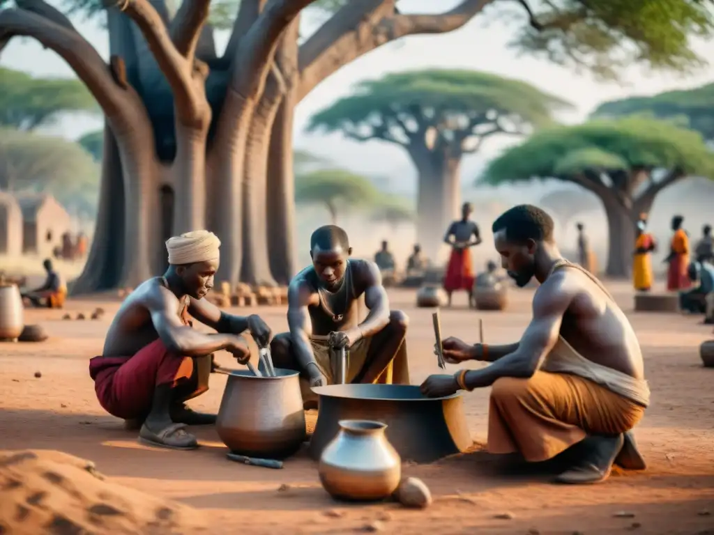 Un grupo de hábiles metalúrgicos africanos trabajando bajo un baobab, creando artefactos metálicos