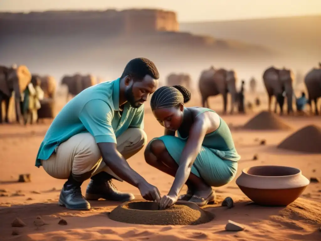 Un grupo de historiadores y arqueólogos excava un sitio histórico en África al atardecer, descubriendo artefactos antiguos