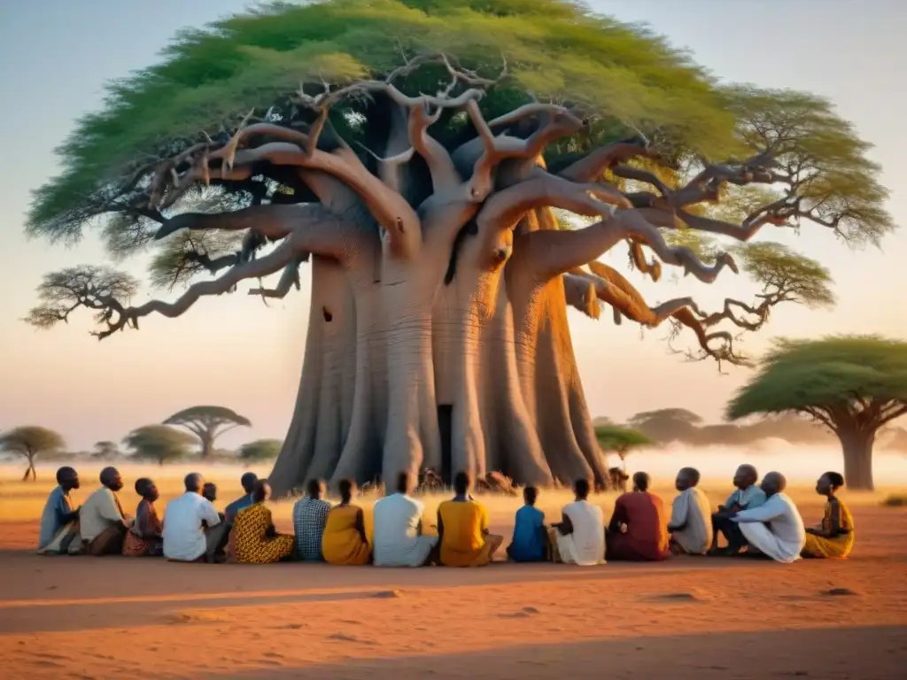 Un grupo de griots narrando historias bajo un baobab al atardecer, rodeados de niños y ancianos en la sabana africana