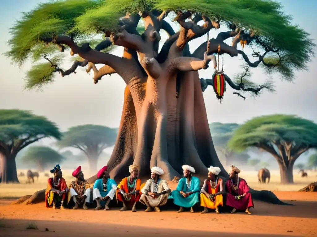 Un grupo de hombres Fulani vistiendo atuendos coloridos y joyas, bajo un baobab