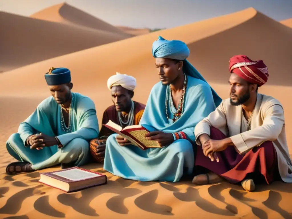 Grupo de hombres Fulani en el desierto leyendo el Corán, con trajes coloridos y turbantes, resaltando su origen y cultura