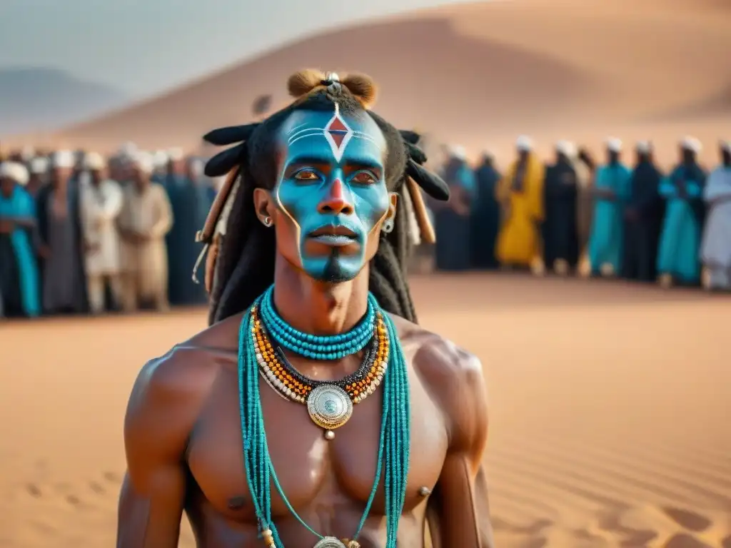 Grupo de hombres Wodaabe bailando en el festival Gerewol del Sahara, ataviados con trajes tradicionales y joyas, rodeados de espectadores maravillados