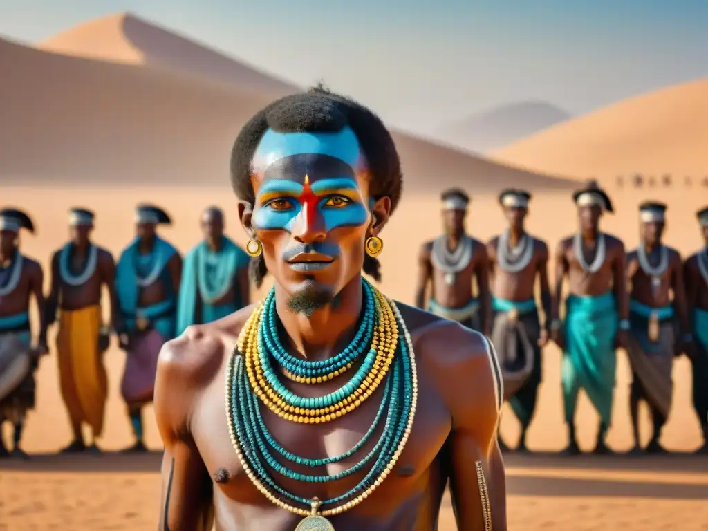 Grupo de hombres Wodaabe danzando en el festival Gerewol del Sahara, vistiendo tradicionales atuendos y pinturas faciales geométricas