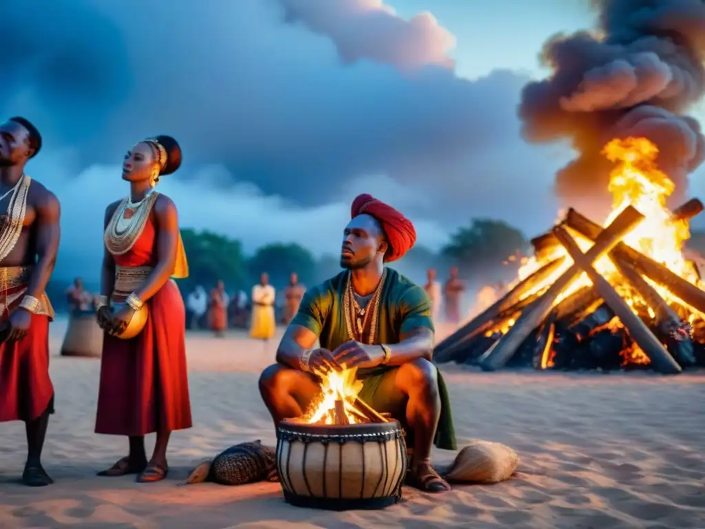 Un grupo de hombres y mujeres africanos vestidos con trajes tradicionales tocando instrumentos alrededor de una fogata