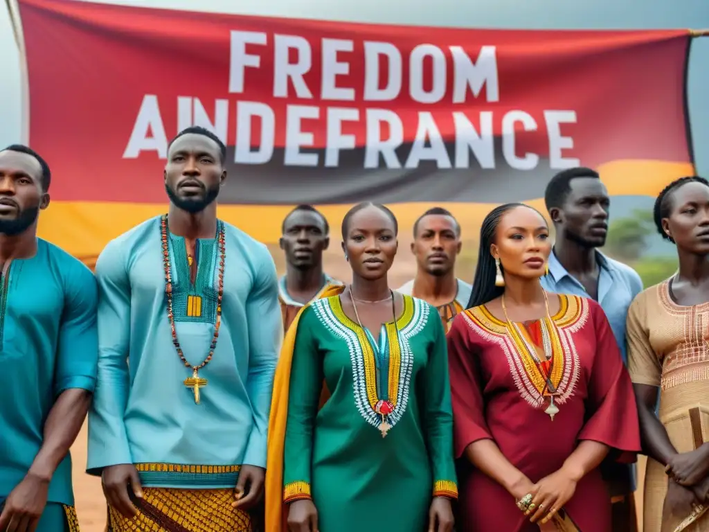 Un grupo de hombres y mujeres africanos viste trajes tradicionales, parados frente a una pancarta que dice 'Libertad e Independencia', representando la diversidad y unidad del continente en su lucha por la independencia