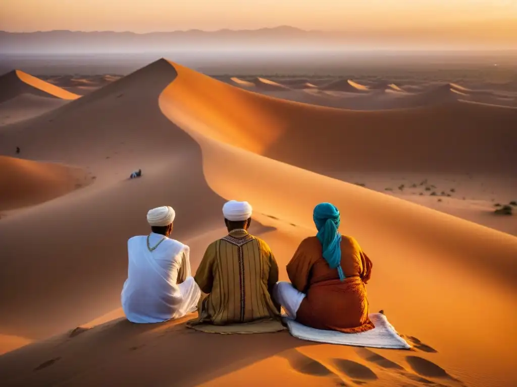 Un grupo de hombres y mujeres bereberes realizando una ceremonia espiritual al atardecer en el desierto del Sáhara