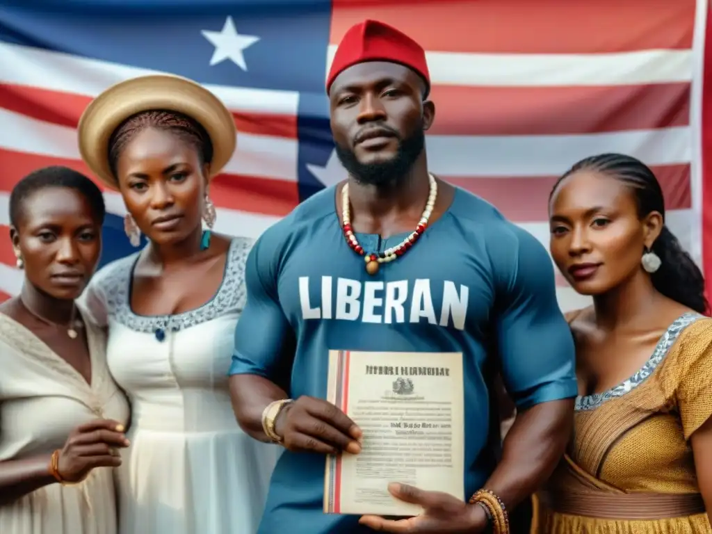 Un grupo de hombres y mujeres liberianos viste trajes tradicionales, orgullosos frente a la bandera de Liberia