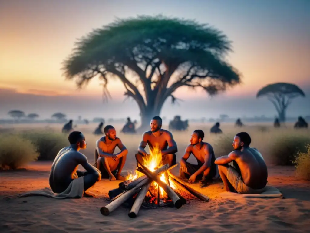 Grupo de humanos primitivos en África alrededor de una fogata al atardecer, con técnicas africanas de domesticación del fuego en la prehistoria