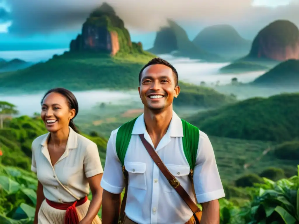 Grupo malgache celebra la independencia de Madagascar con trajes tradicionales en un paisaje tropical exuberante