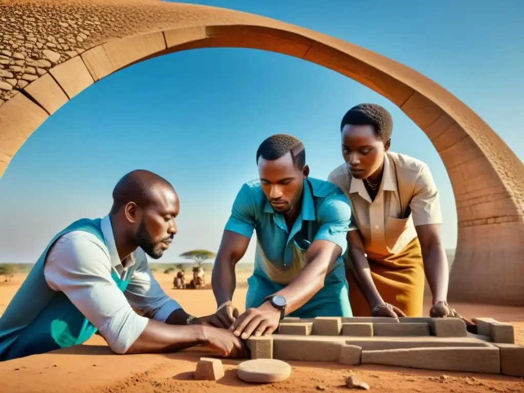 Un grupo de ingenieros africanos expertos en plena construcción de una estructura de piedra, resaltando los Orígenes de la ingeniería africana