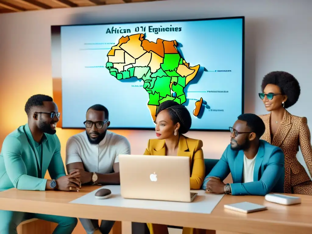 Grupo de ingenieros y diseñadores africanos en un laboratorio tecnológico vanguardista, con Innovaciones tecnológicas africanas contemporáneas