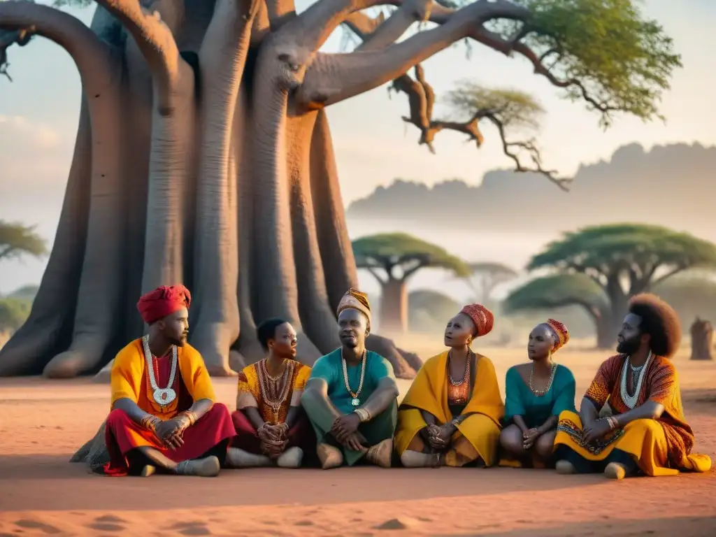 Un grupo de griots recitando poesía y tocando instrumentos en reinos africanos bajo un baobab majestuoso al atardecer