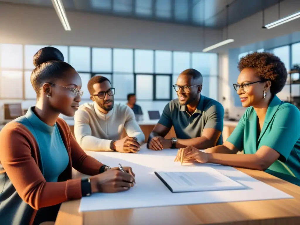 Grupo de inventores africanos en laboratorio tecnológico contemporáneo, colaborando en proyectos innovadores