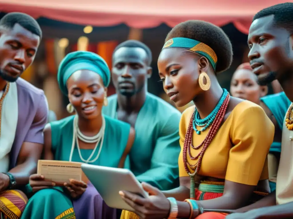 Un grupo de jóvenes activistas africanos discuten estrategias de revitalización cultural en redes sociales, rodeados de colorido mercado africano