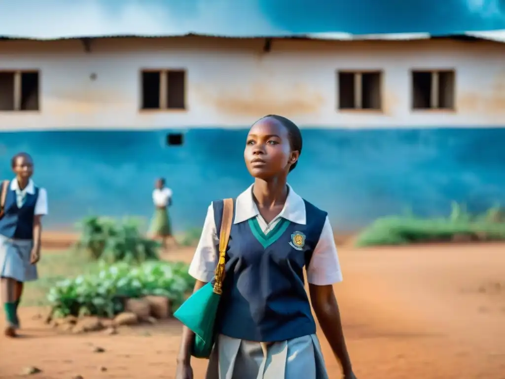 Un grupo de jóvenes africanas camina hacia la escuela en una aldea rural, mostrando determinación y esperanza