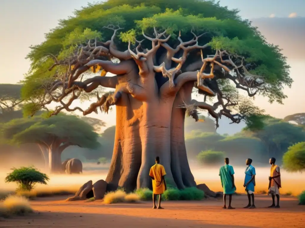 Un grupo de jóvenes africanos discutiendo bajo un baobab, símbolo de liderazgo juvenil en África