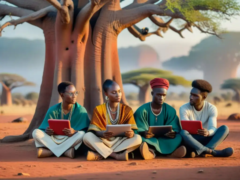 Grupo de jóvenes africanos aprendiendo bajo un baobab, fusionando tradición y tecnología en la preservación de lenguas africanas siglo XXI