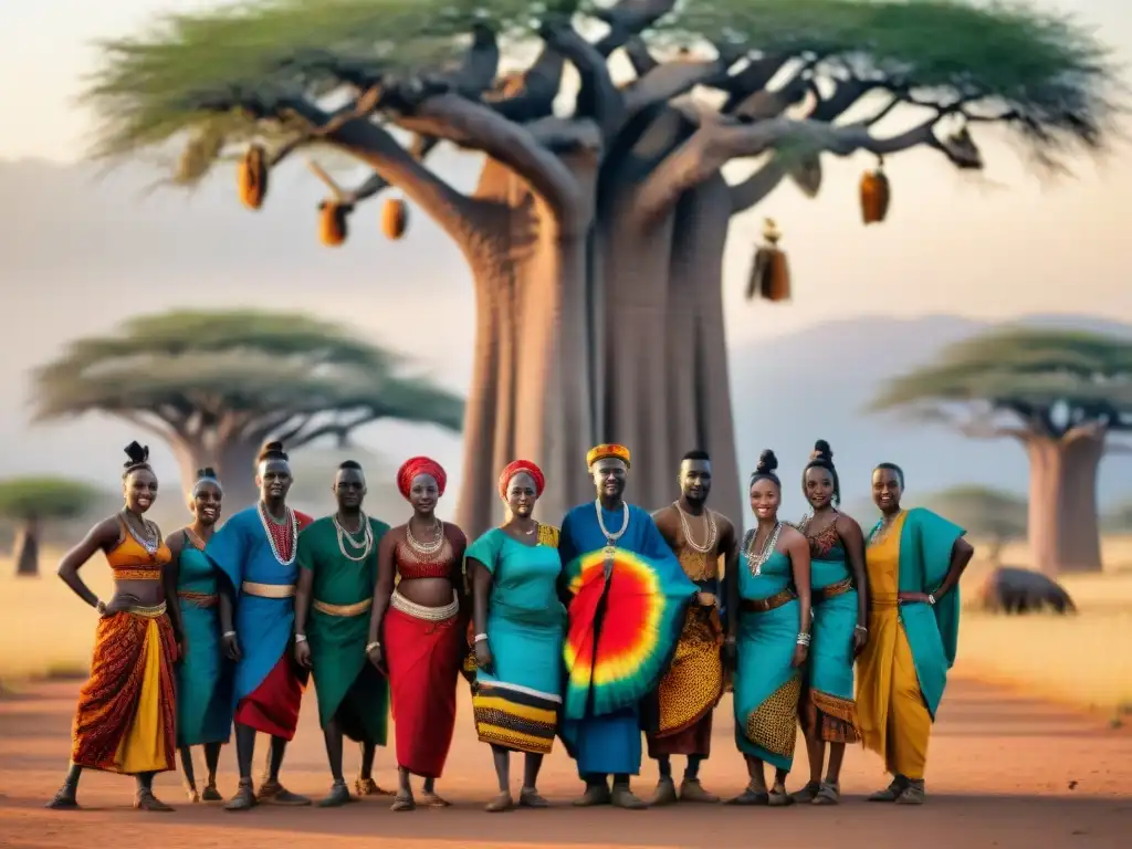 Un grupo de jóvenes africanos danza bajo un baobab al atardecer, celebrando la revitalización de culturas africanas en redes sociales