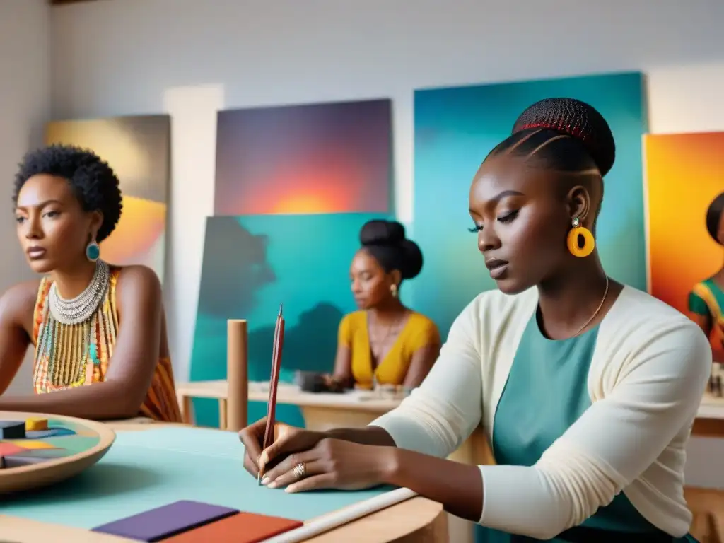 Grupo de jóvenes artistas africanos creando juntos en un estudio vibrante, reflejando arte y resistencia en África