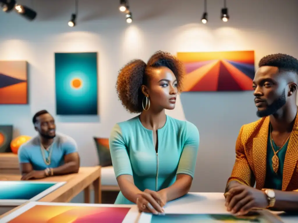 Grupo de jóvenes artistas africanos en estudio de arte, fusionando tradición y tecnología