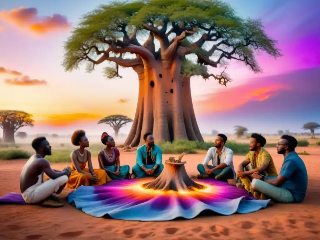 Un grupo de jóvenes artistas de diferentes países africanos se reúnen bajo un baobab, rodeados de arte y música tradicional