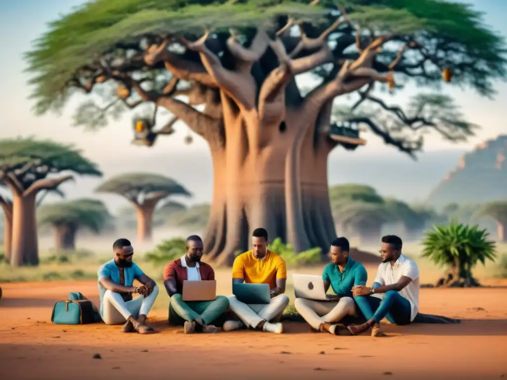 Un grupo de jóvenes emprendedores africanos bajo un baobab, fusionando tecnología y tradición en un entorno colaborativo