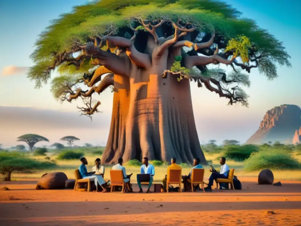 Un grupo de jóvenes emprendedores africanos reunidos bajo un baobab, rodeados de tecnología moderna, en un entorno vibrante