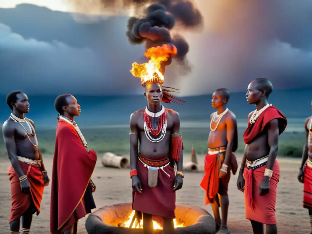 Un grupo de jóvenes guerreros Maasai danzando alrededor de una fogata en la noche africana