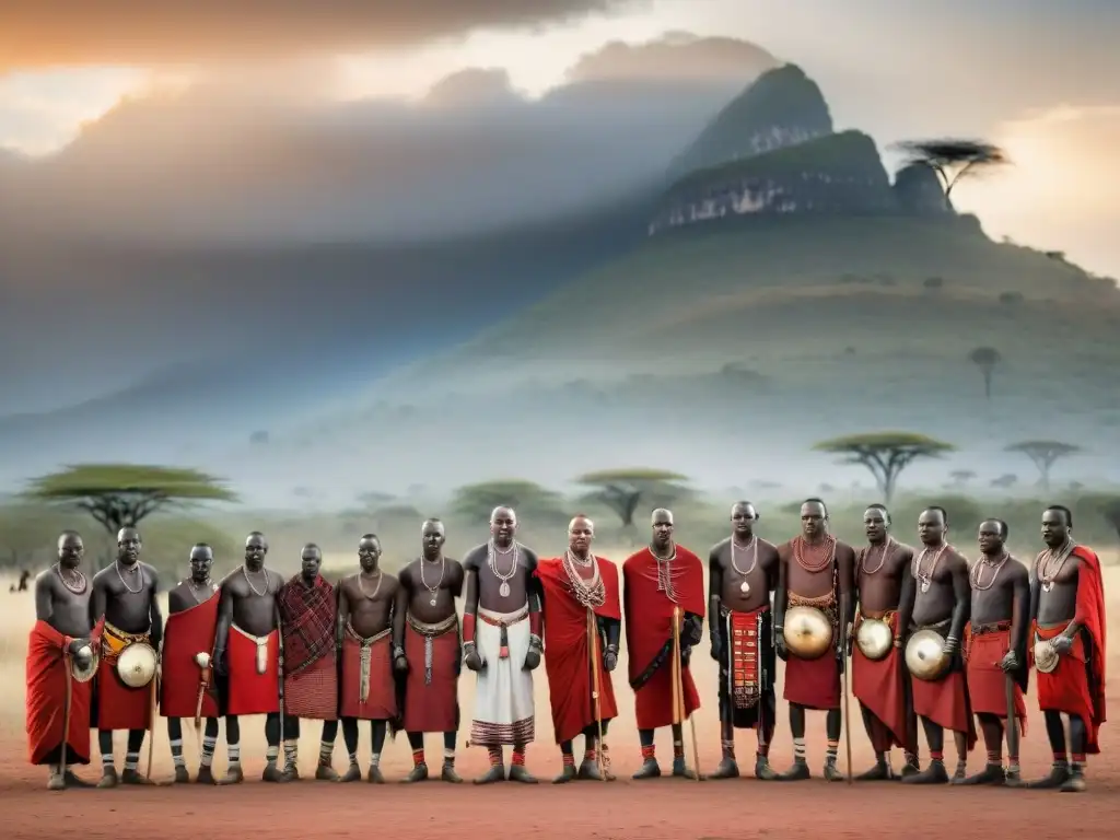 Grupo de jóvenes guerreros Maasai en ceremonia de paso, con significado arte simbolismo ceremonias africanas