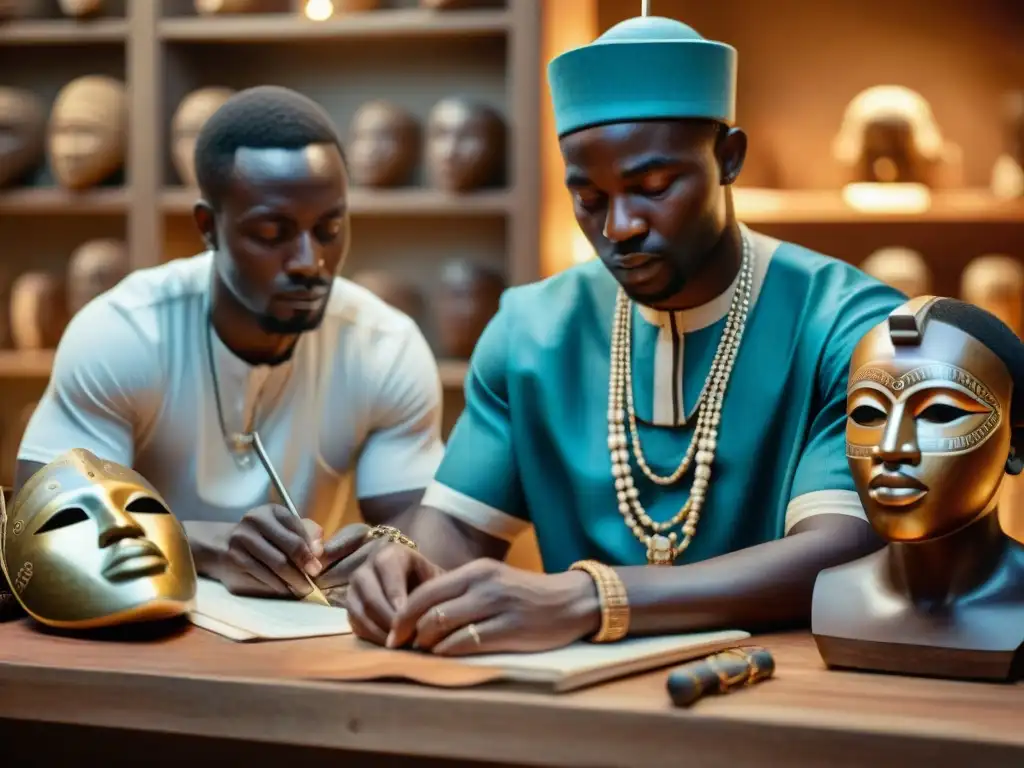 Un grupo de jóvenes líderes africanos preservando con dedicación un antiguo artefacto en una sala de preservación