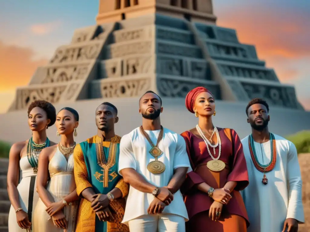 Un grupo de jóvenes líderes africanos unidos frente a un monumento histórico, vistiendo trajes tradicionales que representan sus diversas culturas