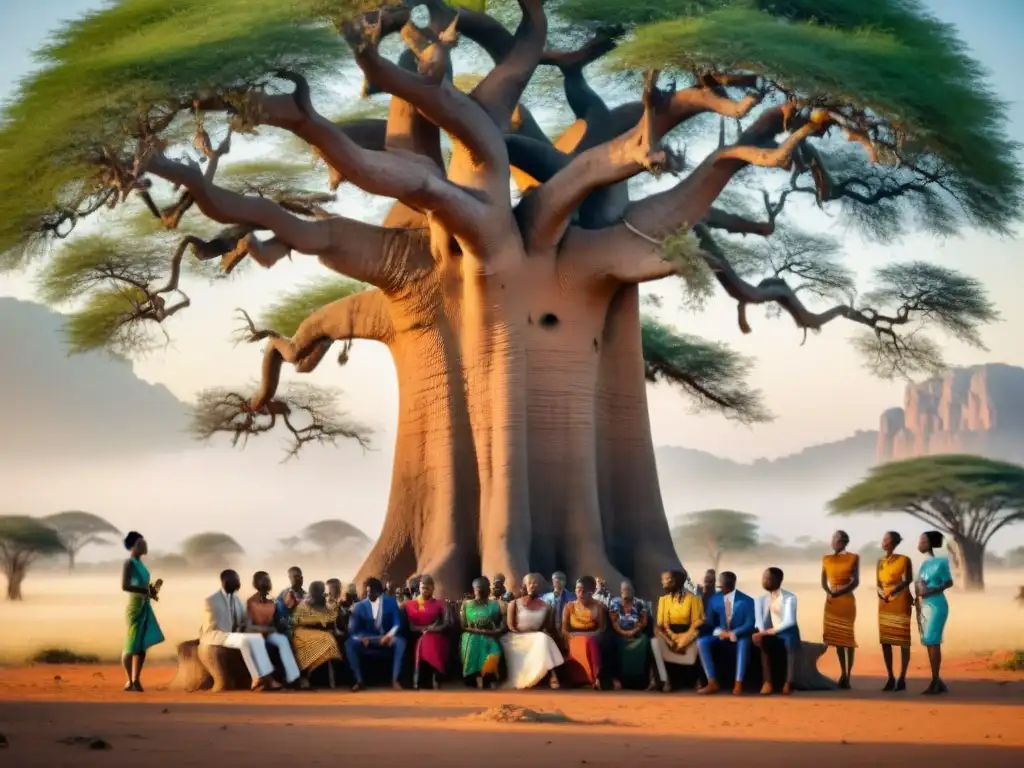 Un grupo de jóvenes líderes africanos bajo un baobab, discutiendo con pasión