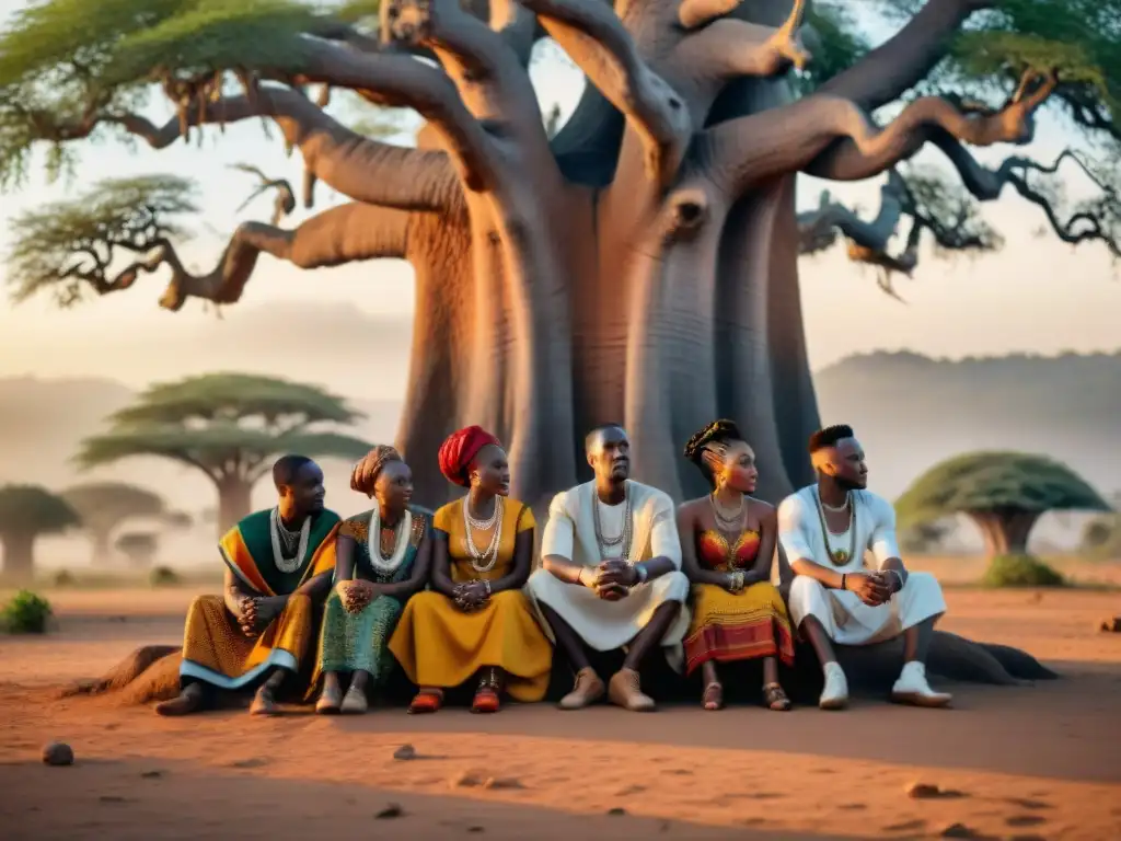 Un grupo de jóvenes líderes africanos bajo un baobab, expresando esperanza y determinación