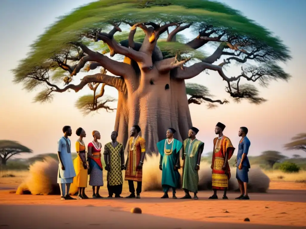 Grupo de jóvenes líderes africanos reunidos bajo un baobab, discutiendo con determinación y confianza