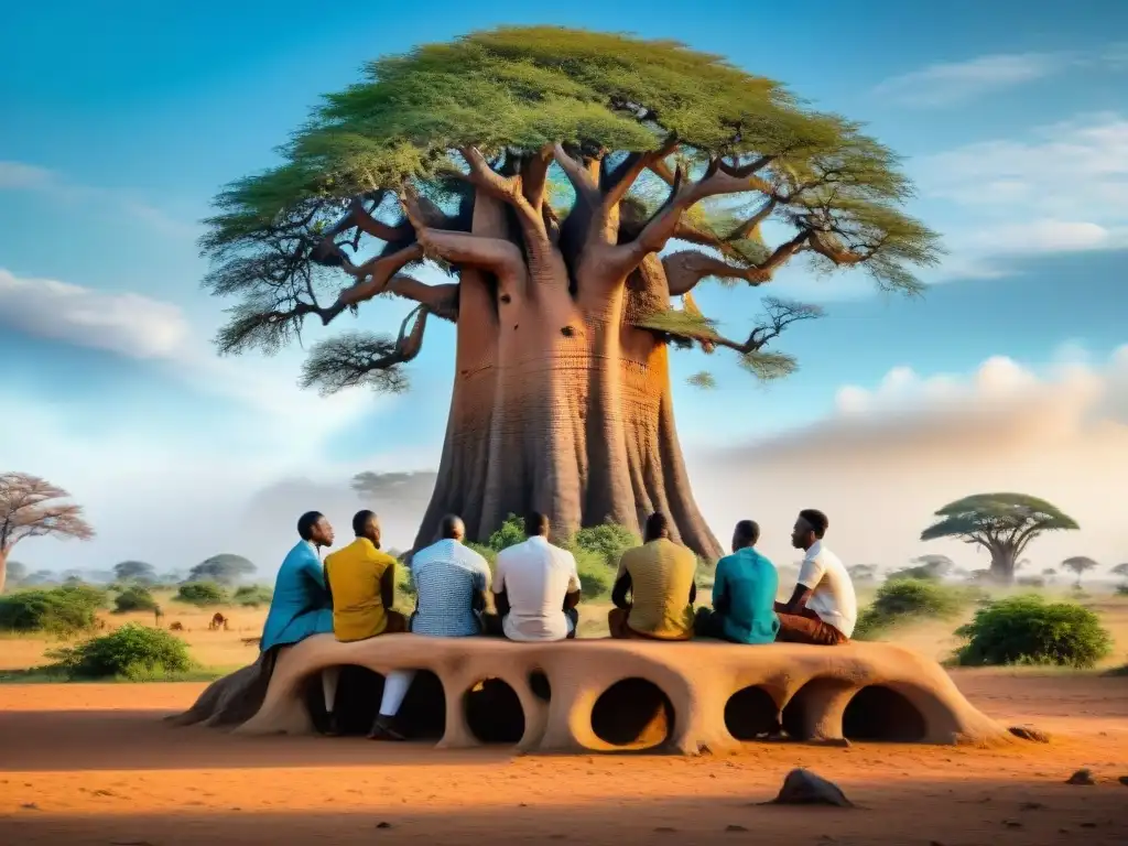 Un grupo de jóvenes líderes africanos debatiendo bajo un baobab, reflejando determinación y esperanza