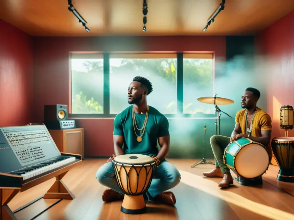 Grupo de jóvenes músicos africanos creando música en estudio, fusiones musicales artistas africanos redefiniendo