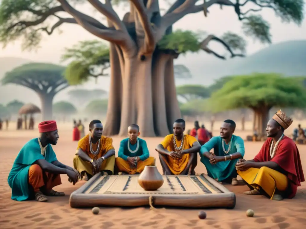 Grupo disfruta el juego tradicional africano Ayo bajo baobab, resaltando beneficios salud juegos tradicionales africanos