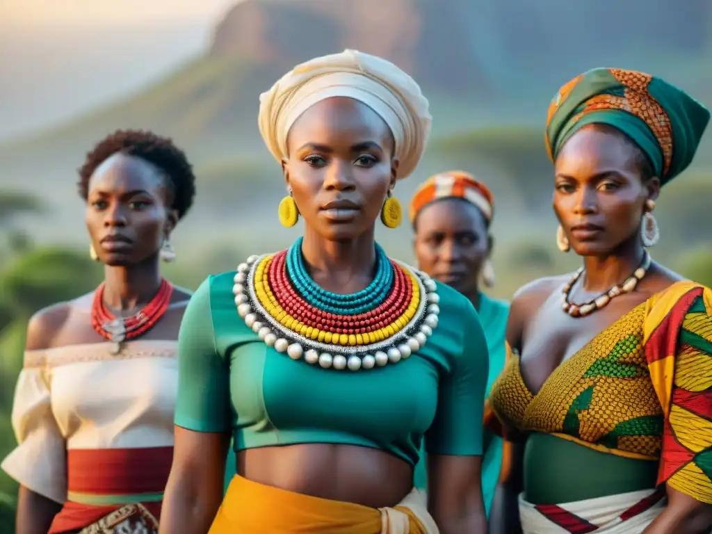 Grupo de líderes africanas empoderadas, vestidas con trajes tradicionales coloridos, en círculo en paisaje verde al atardecer