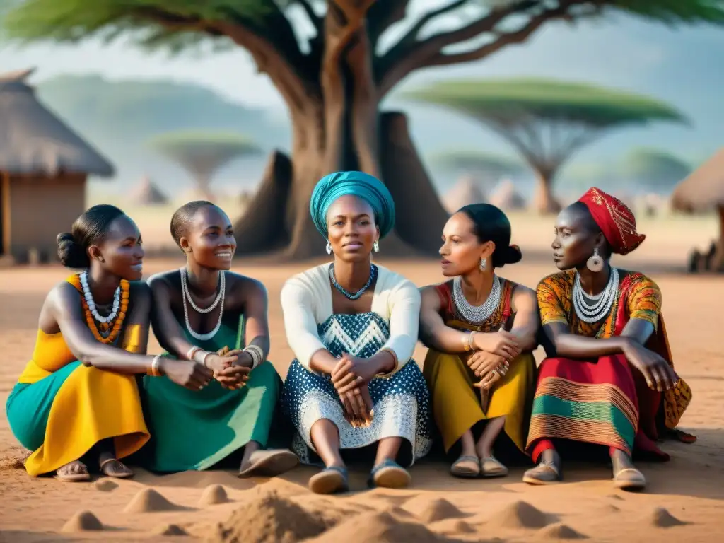 Grupo de líderes africanas influenciando la historia global en una animada discusión bajo un árbol en una aldea tradicional