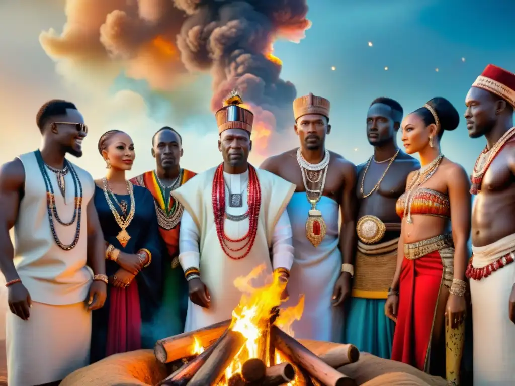 Un grupo de líderes africanos en atuendos tradicionales, celebrando un ritual alrededor de una fogata en una noche estrellada