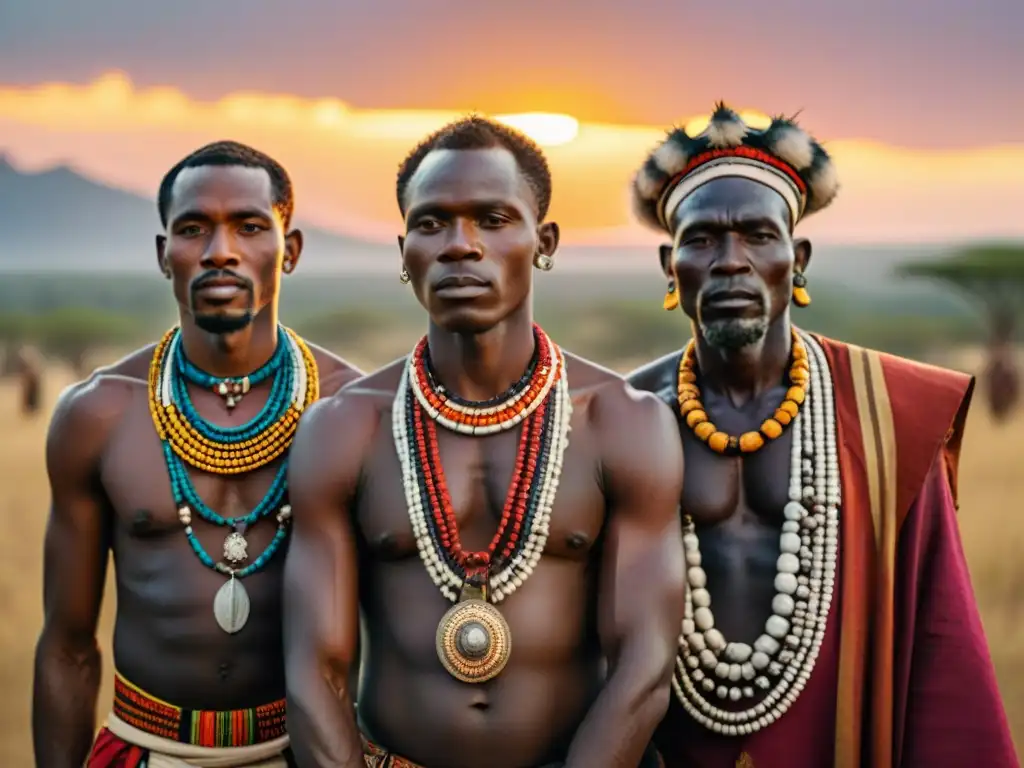 Un grupo de líderes africanos culturas ancestrales en atuendos tradicionales, orgullosos frente a un atardecer en la sabana