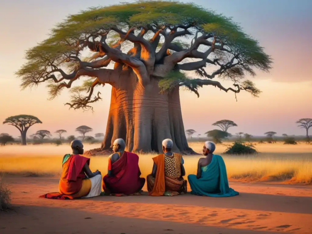 Grupo de líderes africanos moldeados por historia bajo un baobab, compartiendo sabiduría y legado