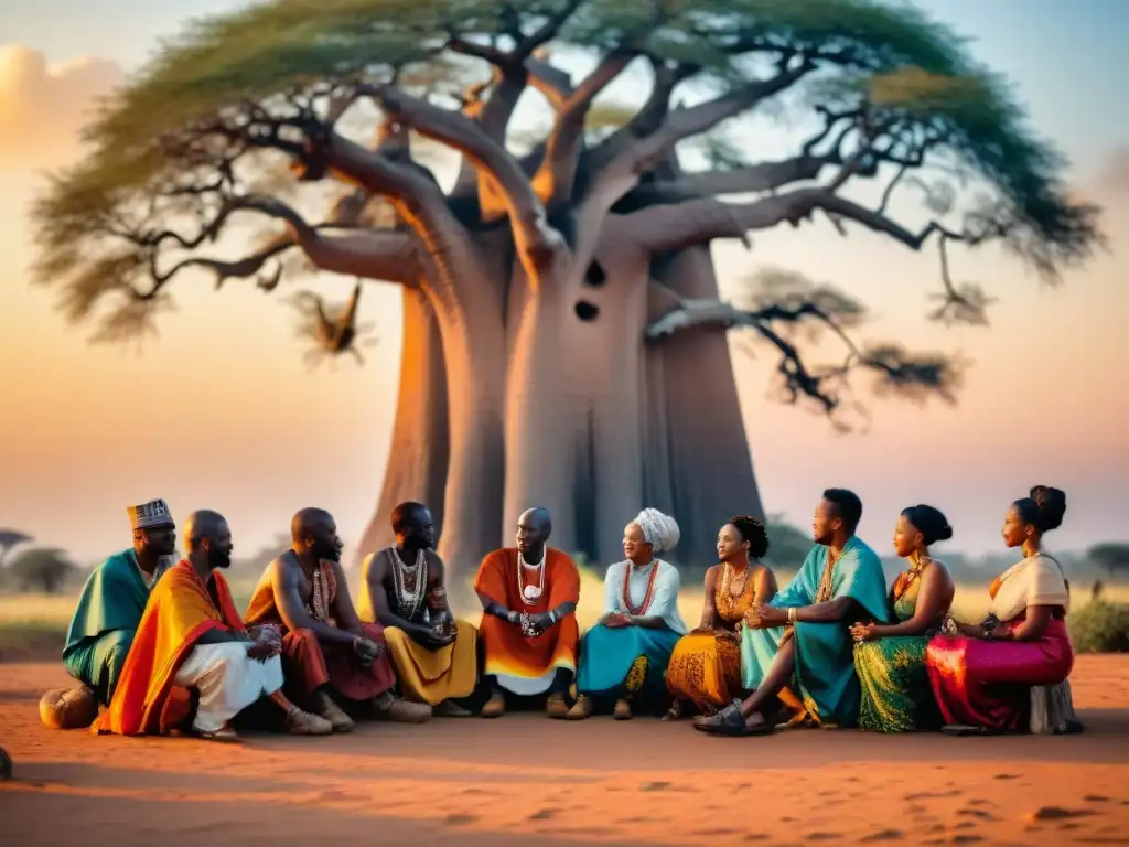 Grupo de líderes culturales africanos debatiendo bajo un Baobab, orgullosos de su herencia