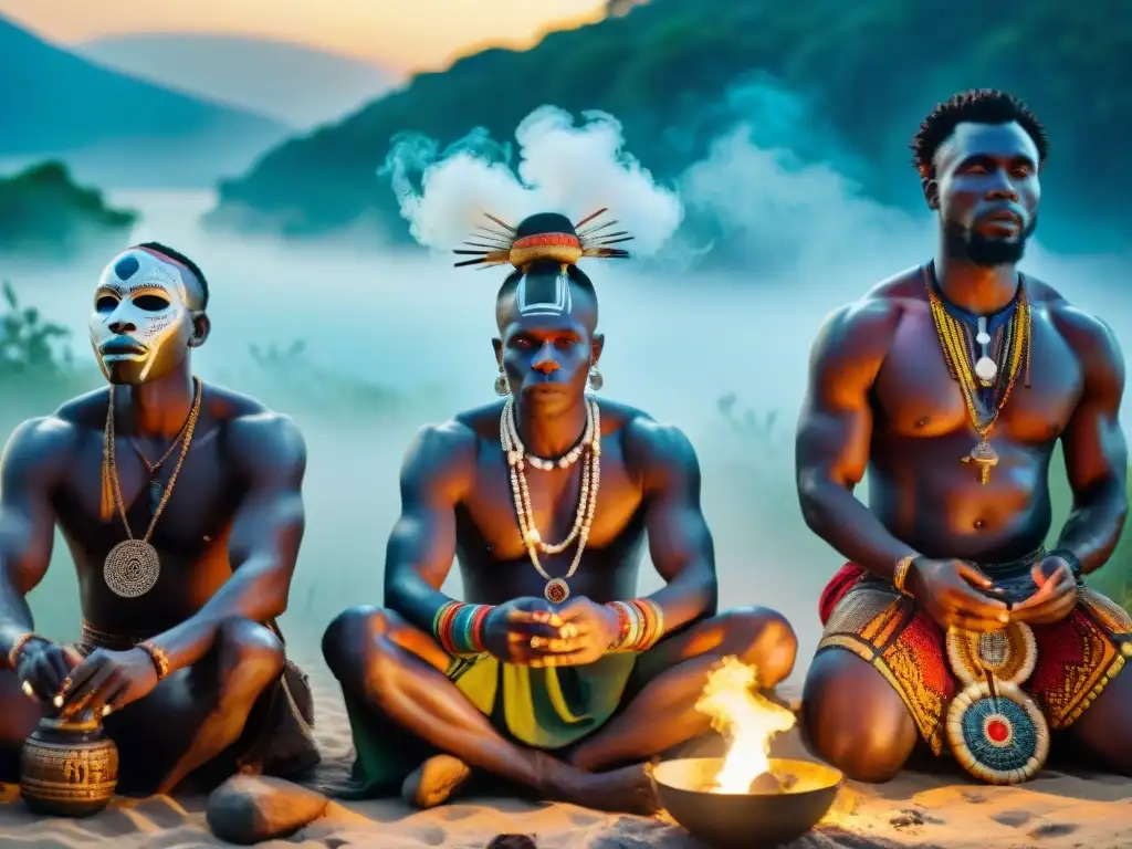 Grupo de líderes espirituales africanos en ceremonia de vudú al anochecer, con máscaras y tambores